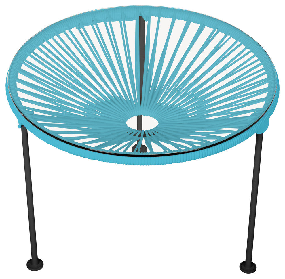 Zicatela Indoor/Outdoor Handmade Side Table, Blue Weave, Black Frame