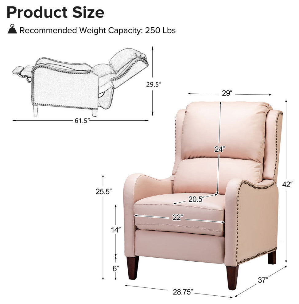 Genuine Leather  Push back Recliner With Wingback, Pink