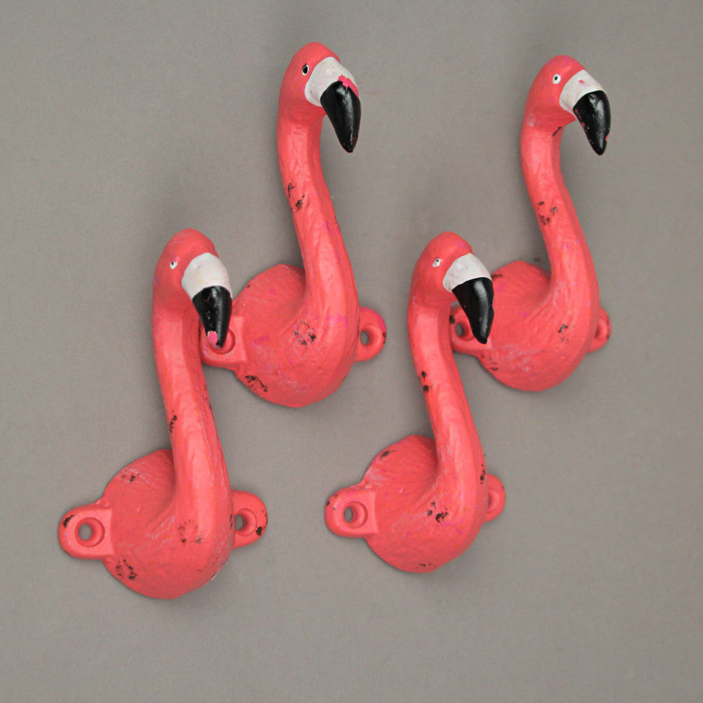 Set of 4 Distressed Pink Flamingo Decorative Wall Hooks Coat Towel Hanger Decor
