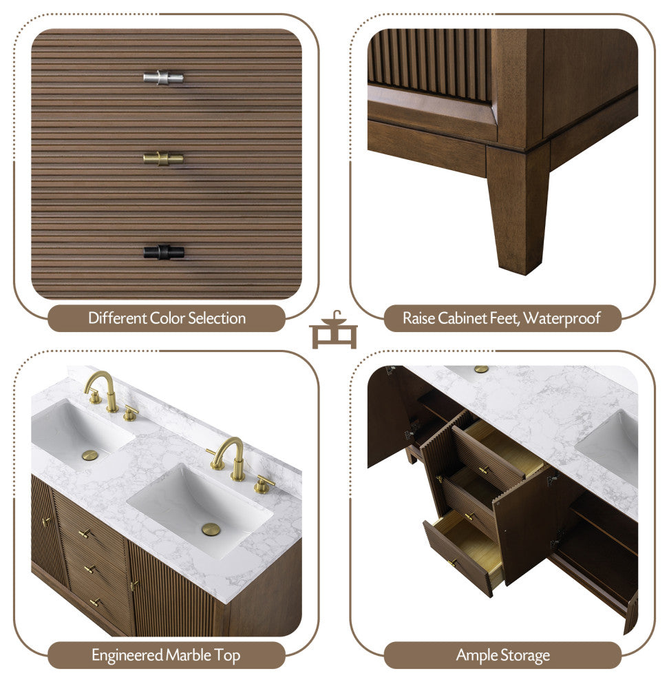 Vanity Art Bathroom Vanity with Engineered Marble Top and Sink, Walnut, 72" (Double Sink), Brushed Nickel