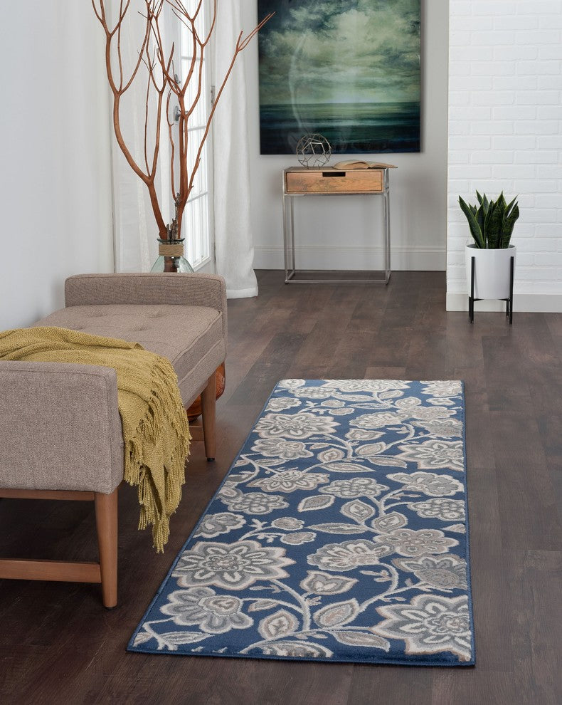 Emmalyn Transitional Floral Navy Runner Rug, 2'x7'