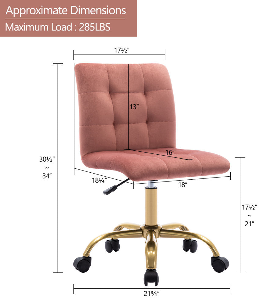 Square Tufted Desk Rolling Chair, Pink-Velvet