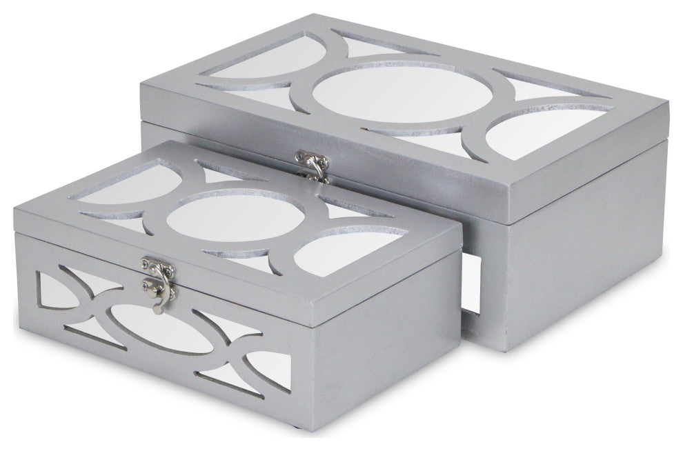 Set of Two Silver Oval Scroll Mirror Jewelry Storage Boxes