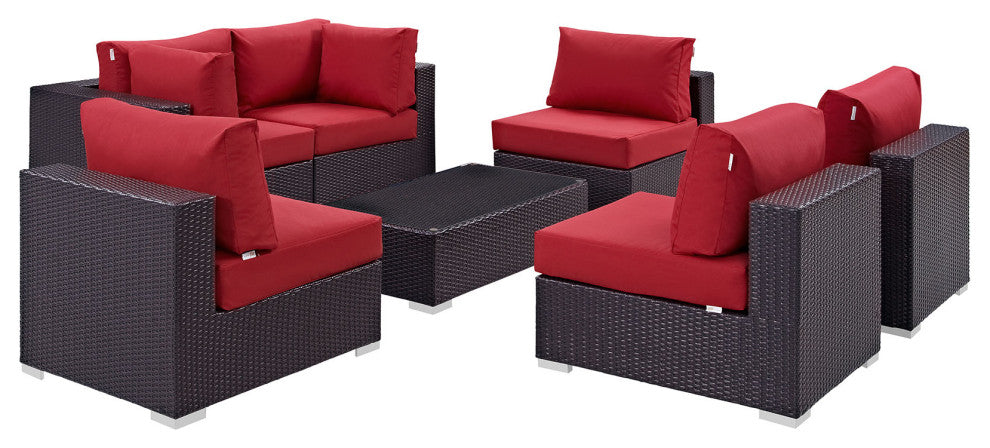 Convene 7-Piece Outdoor Wicker Rattan Sectional Set, Espresso Red