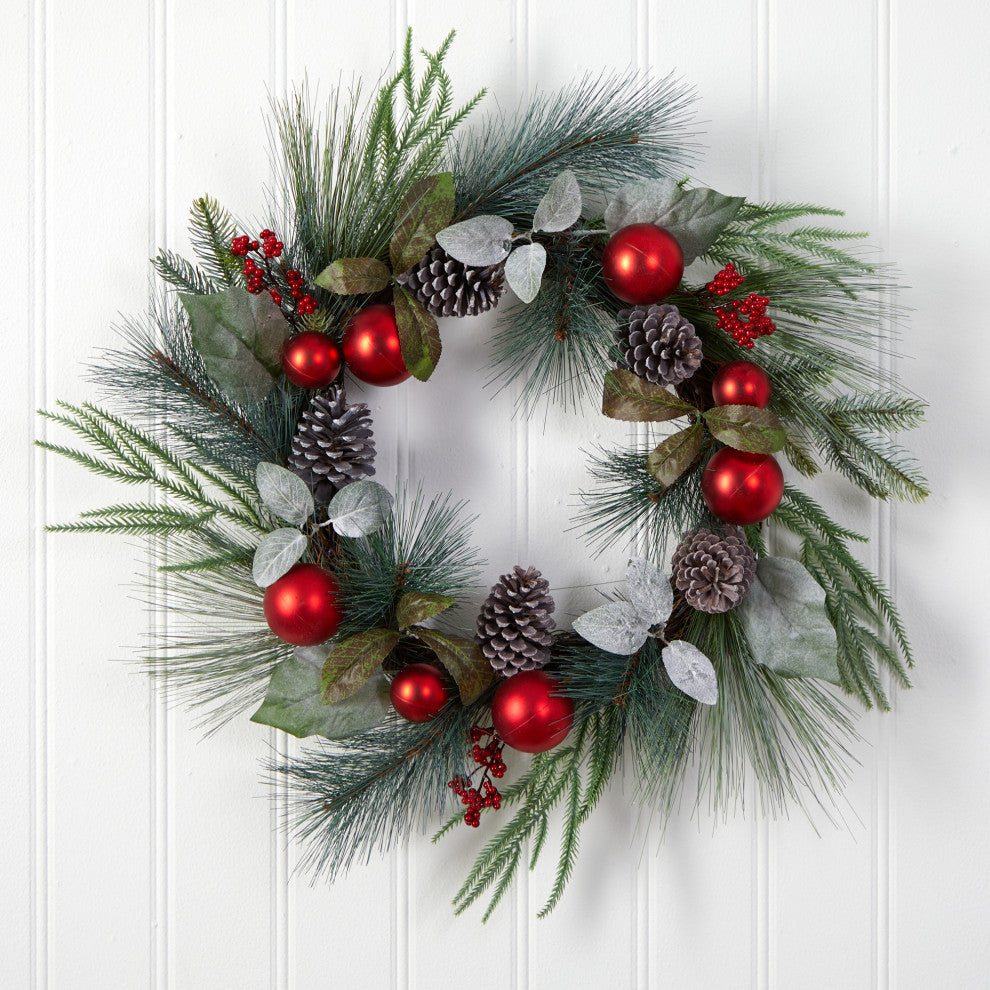 24" Assorted Pinecones & Berry Artificial Christmas Wreath With Red Ornaments