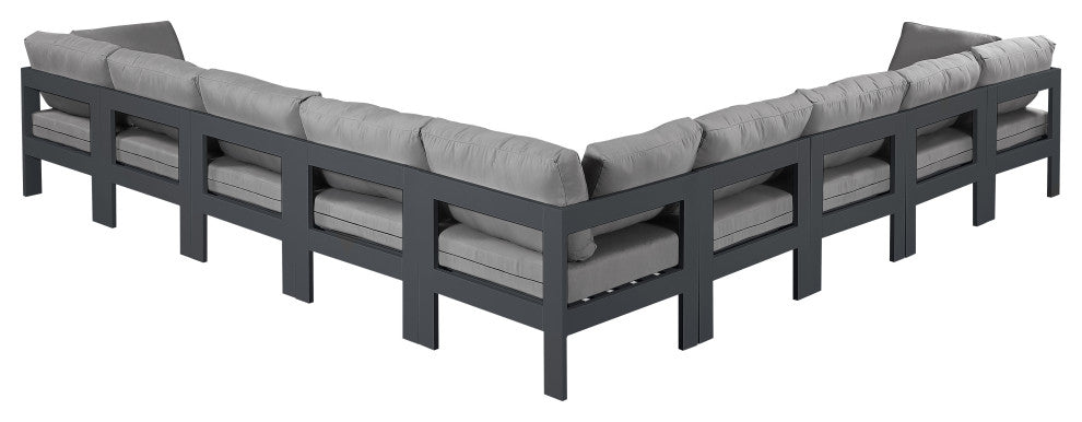 Nizuc Water Resistant Patio L-Shaped Modular Sectional, Gray, 9-Piece: 6 Armless Chair, 3 Corner Chair, Dark Gray Aluminum Frame