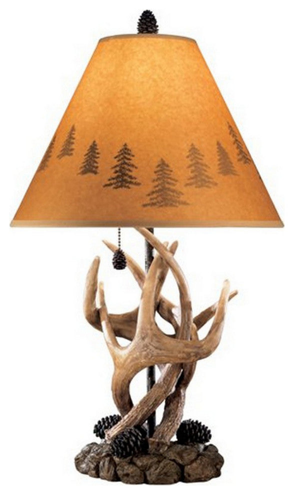 Resin Body Table Lamp with Antler and Pinecone Design, Set of 2, Brown