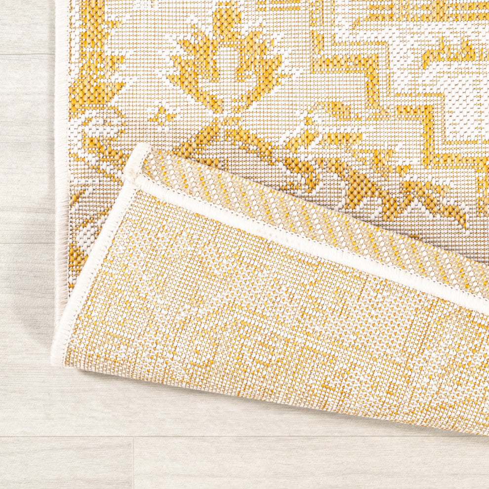 Estrella Bohemian Medallion Textured Weave Indoor/Outdoor, Cream/Yellow, 2 X 8