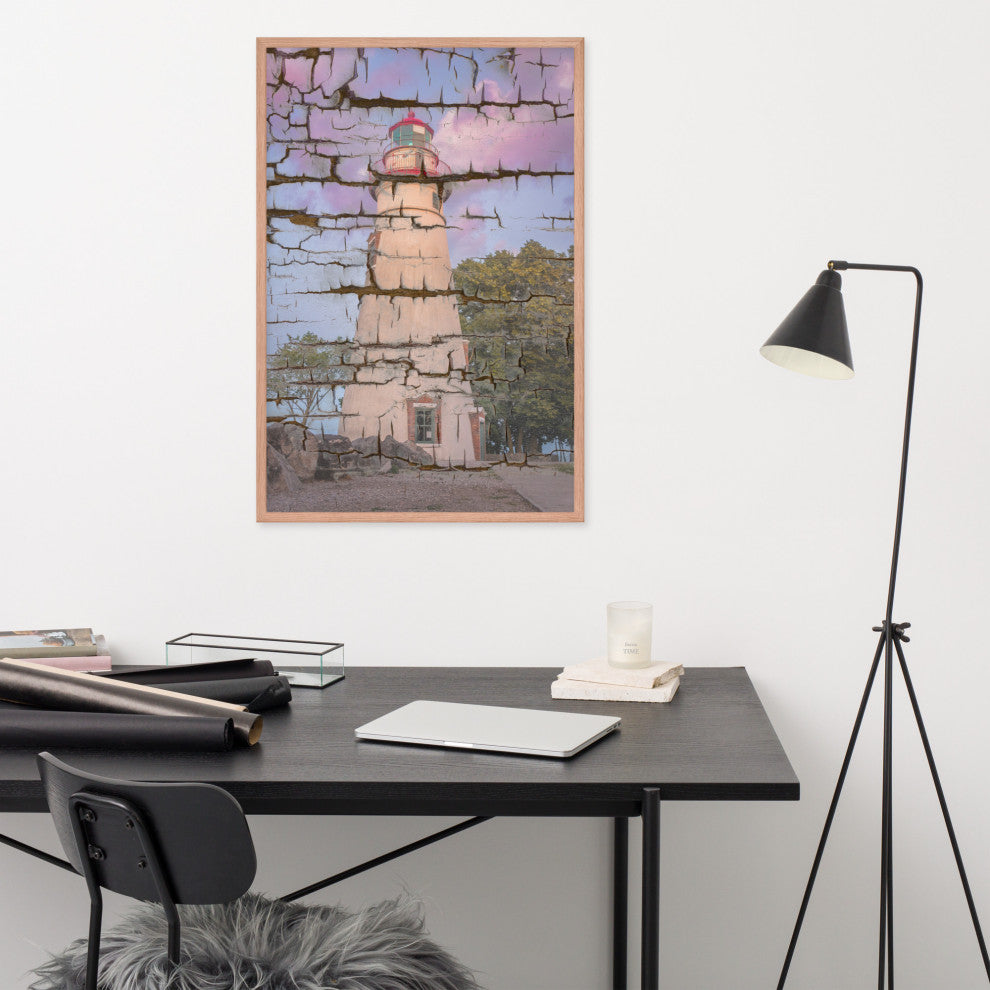 Faux Wood Texture Marblehead Lighthouse at Sunset Framed Photo Wall Art Print, Red Oak, 24" X 36"