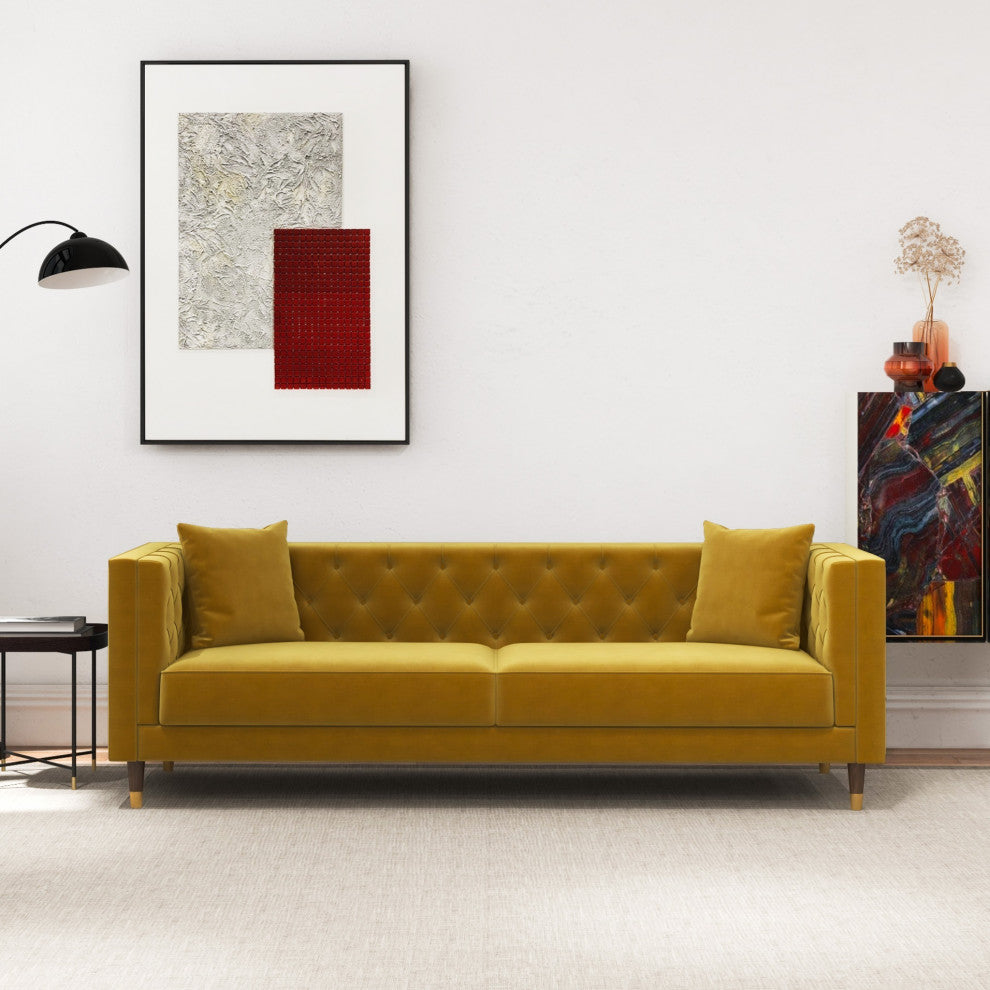 Lewis Mid-Century Modern Luxury Tufted Velvet Sofa, Mustard Yellow