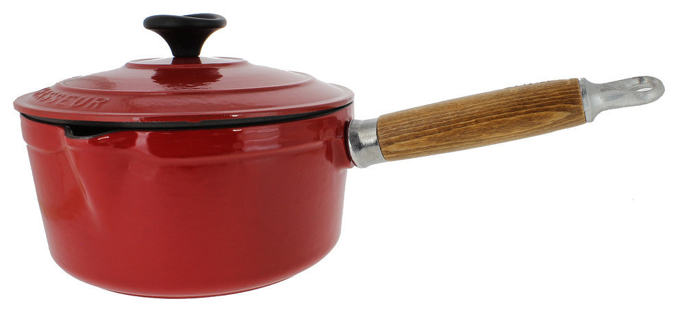 Chasseur 2.5-quart French Enameled Cast Iron Saucepan With Wooden Handle, Red