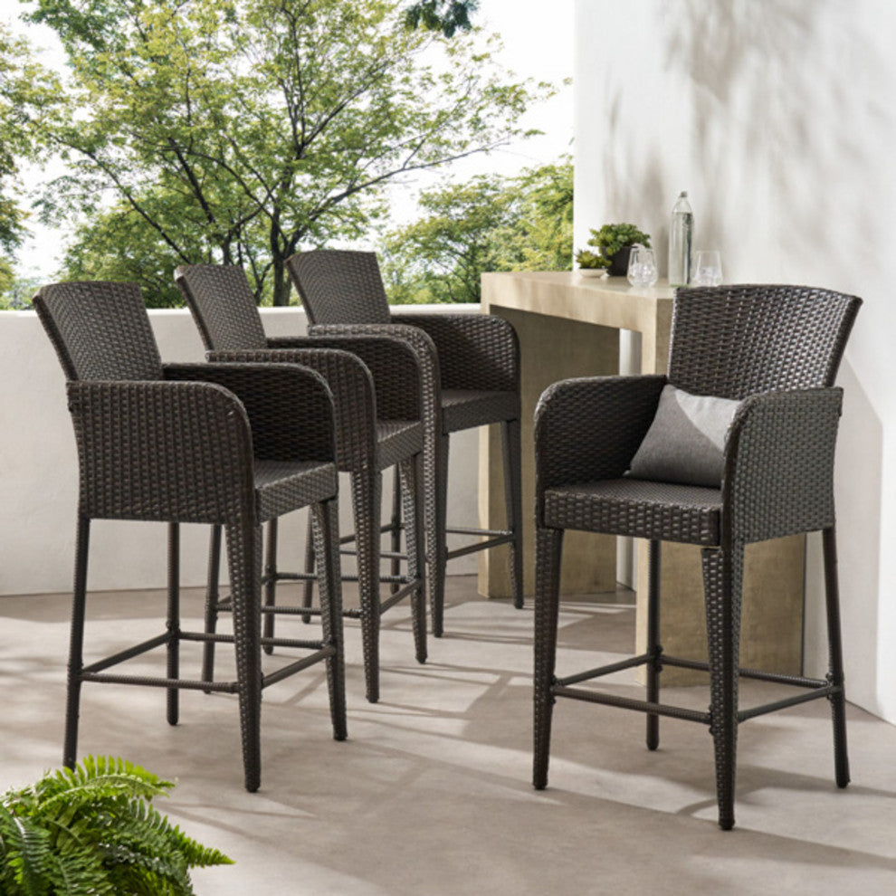GDF Studio Bheleso Outdoor Multi-Brown Wicker Bar Stools, Set of 4
