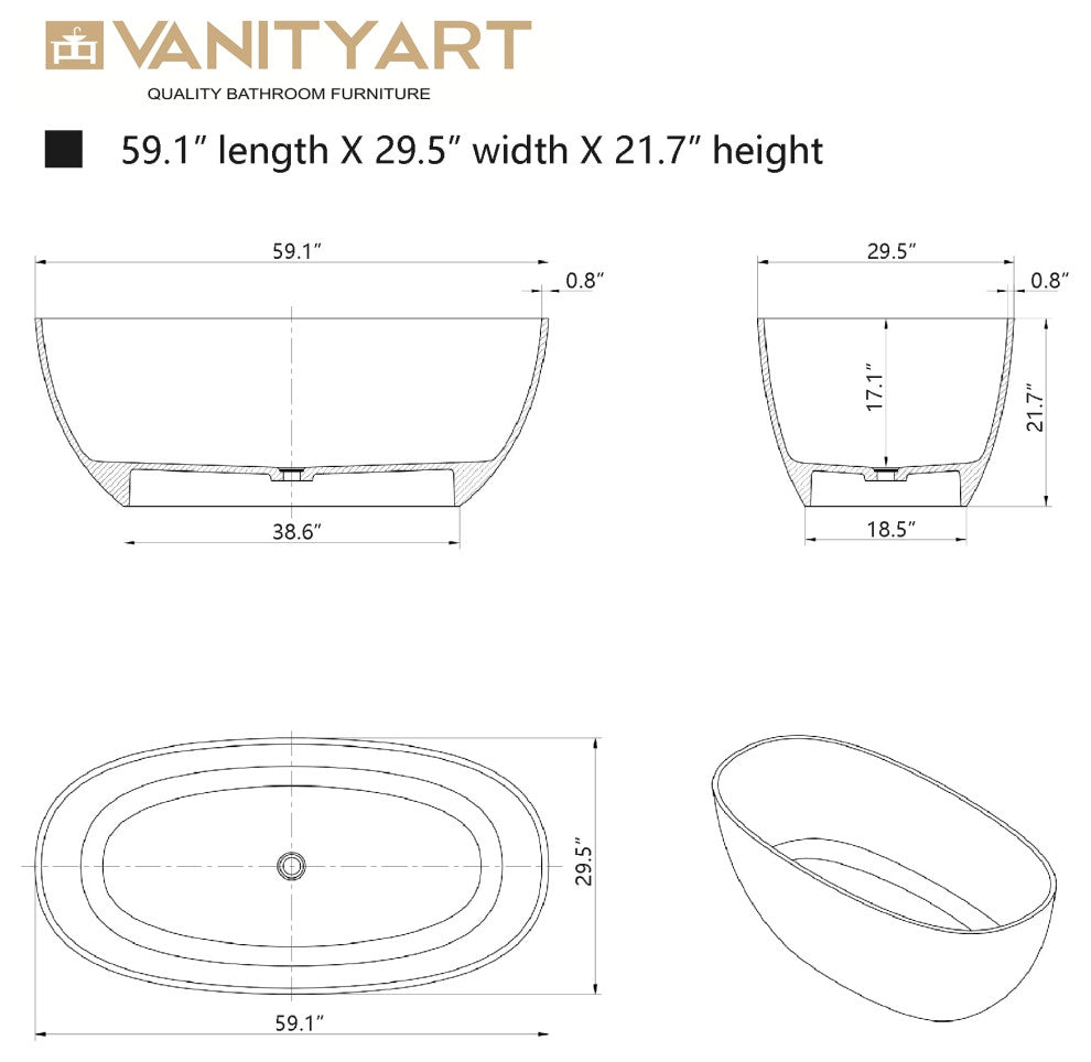 Vanity Art Freestanding Soaking Stone Resin Bathtub, Pure Resin Red, Small