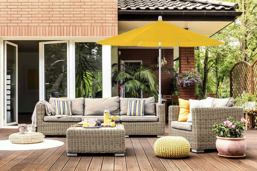 9' Round 360 Rotating Auto Tilt Umbrella, White, Sunbrella, Sunflower Yellow