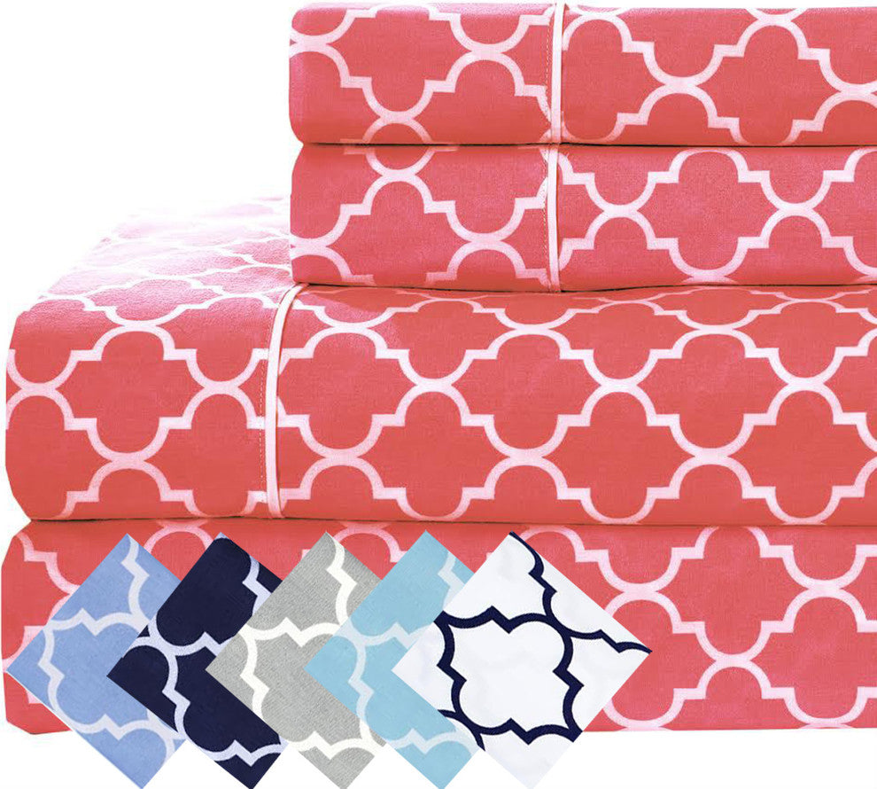 Percale Meridian 100% Cotton Sheet Set, Coral and White, Twin XL