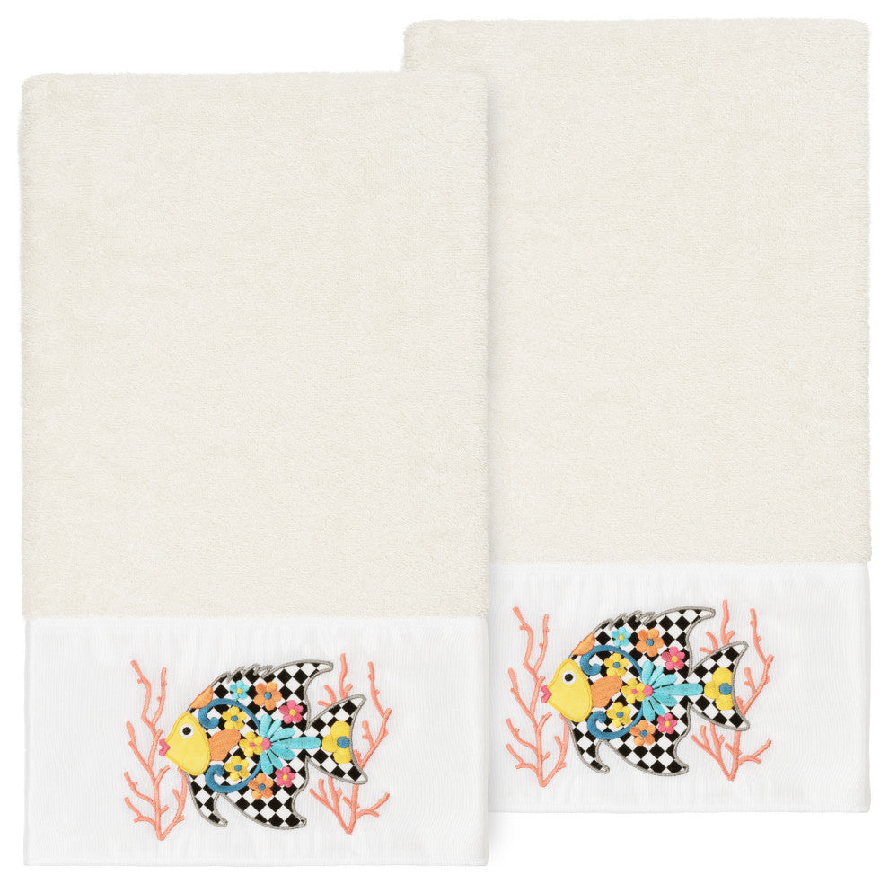 Linum Home Turkish Cotton Feliz 2-Piece Embellished Bath Towel Set, Cream