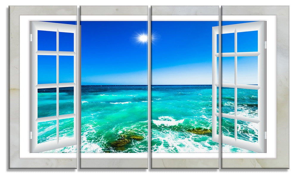 "Open Window To Wavy Ocean" Seashore Canvas Art, 4 Panels, 48"x28"