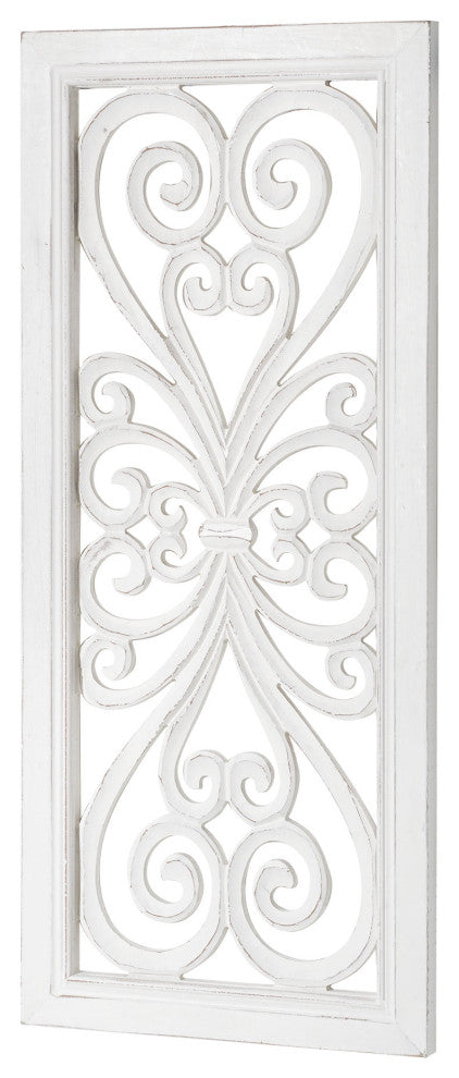 Distressed Hand-Carved White Wood Wall Accent Medallion Panel - 16x36