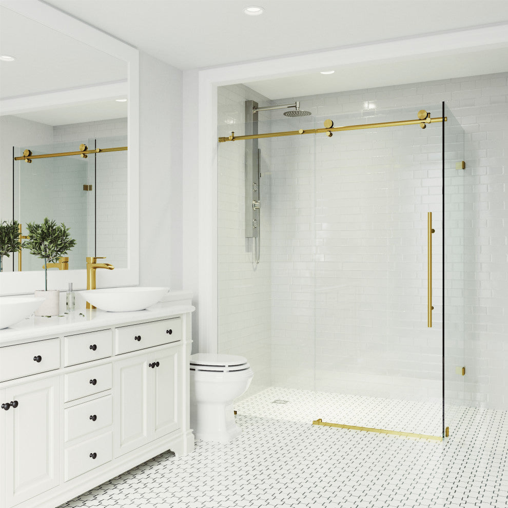 VIGO Elan E-Class Frameless Sliding Shower Enclosure, Matte Brushed Gold, 35" D X 46" W X 76" H, Without Base