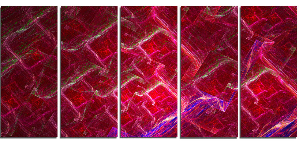 Red Fractal Electric Lightning, Abstract Art on Canvas, 60"x28", 5 Panels