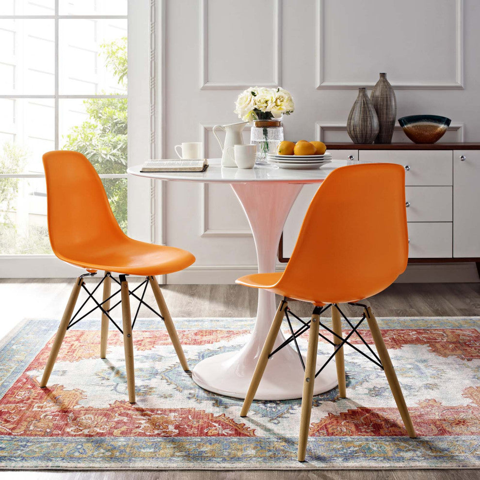 Side Dining Chair, Set of 2, Plastic, Wood, Orange, Modern, Bistro Restaurant