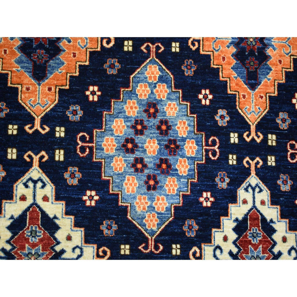 Blue Afghan Ersari With Large Elements Soft Wool Hand Knotted Rug, 9'2"x11'10"