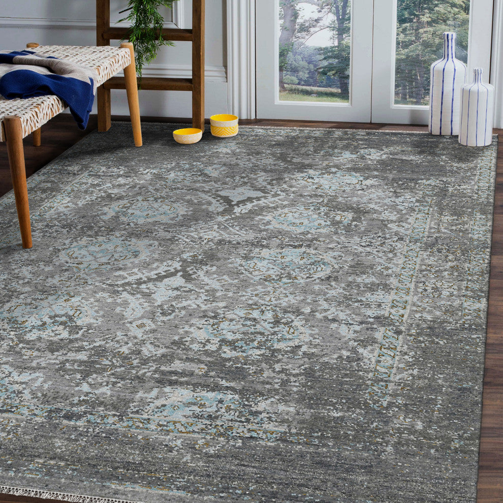 Naomi Teri Silver Knotted Wool Area Rug, 8'x10'