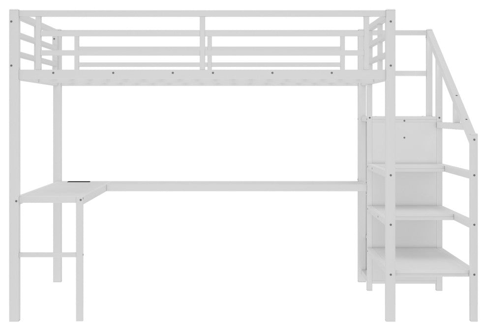 Gewnee Queen Size Loft Bed with L-shaped Desk and USB