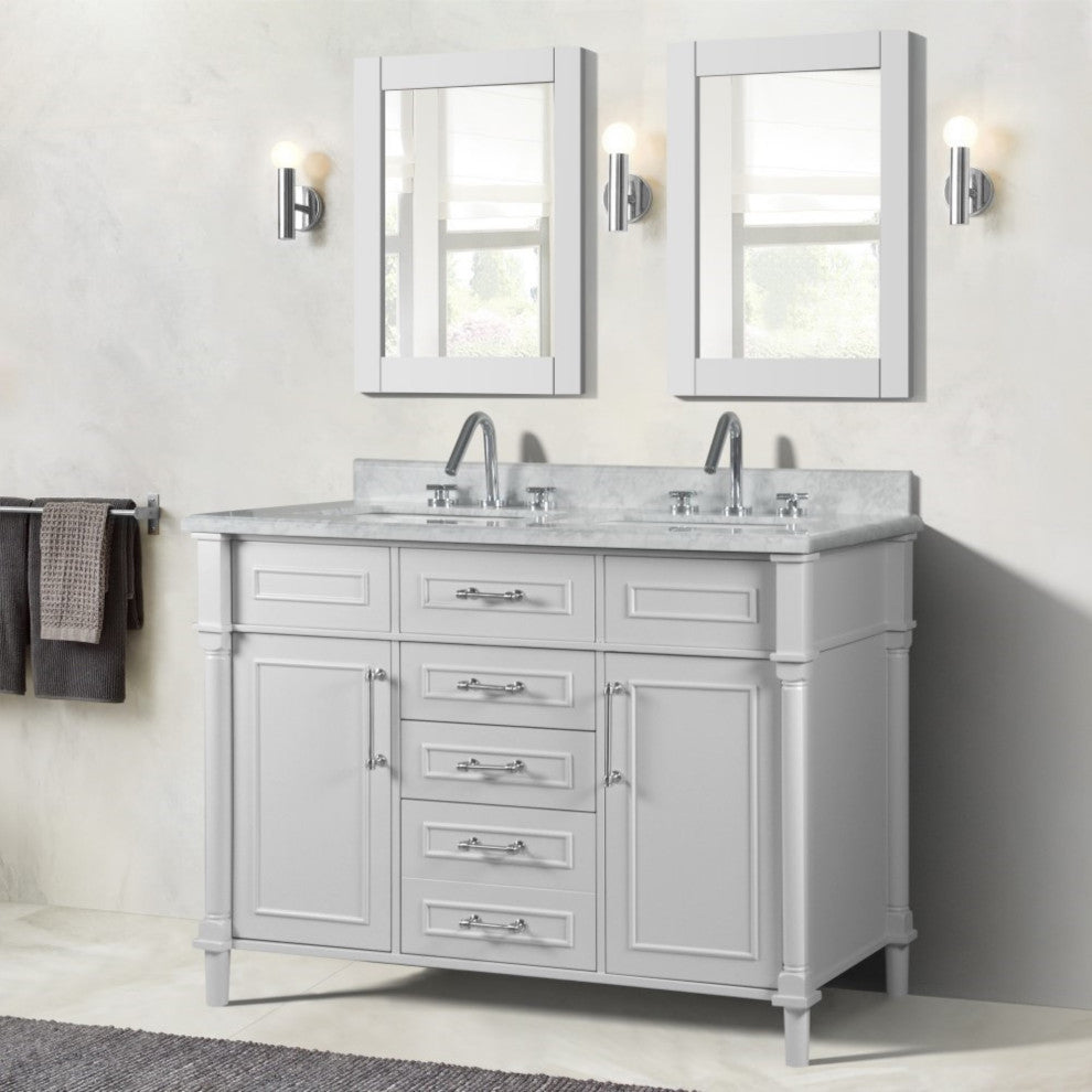 48" Double Vanity, White With White Carrara Marble Top