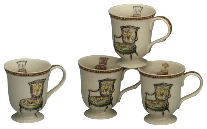 Ceramic Decorative Porcelain Mug, Cream/Brown, Set of 4
