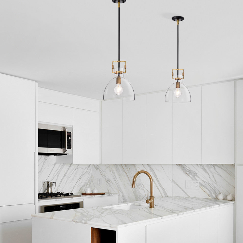 1-Light Black and Antique Gold 10 in. Bowl Glass Pendant