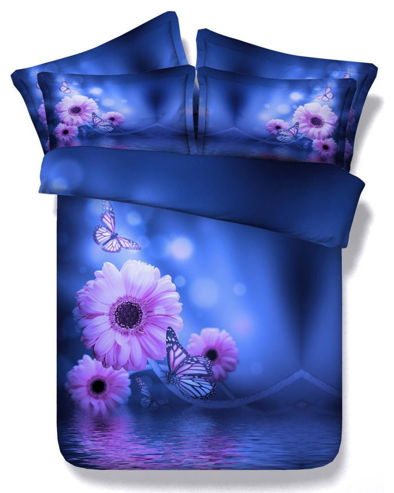 3D Blue and Purple Flower, 4-Piece Duvet Cover Set, Full