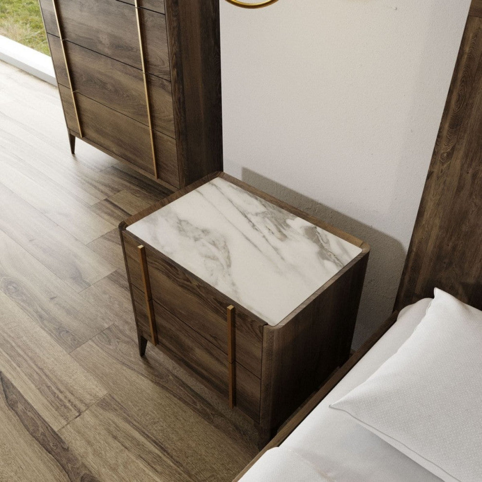 Mid Century Dark Brown and White Faux Marble With Two Drawers