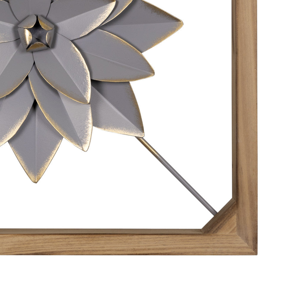 Wood Framed Gray Metal Flower Wall D"cor