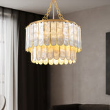 5-Light Capiz Shell 2 Tiered Faceted Chandelier Pendant Light Gold White