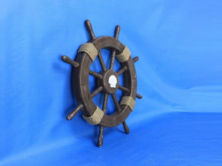 Rustic Wood Finish Decorative Ships Wheel With Seashell, 18"