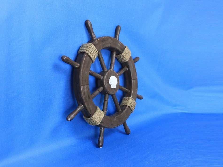Rustic Wood Finish Decorative Ships Wheel With Seashell, 18"