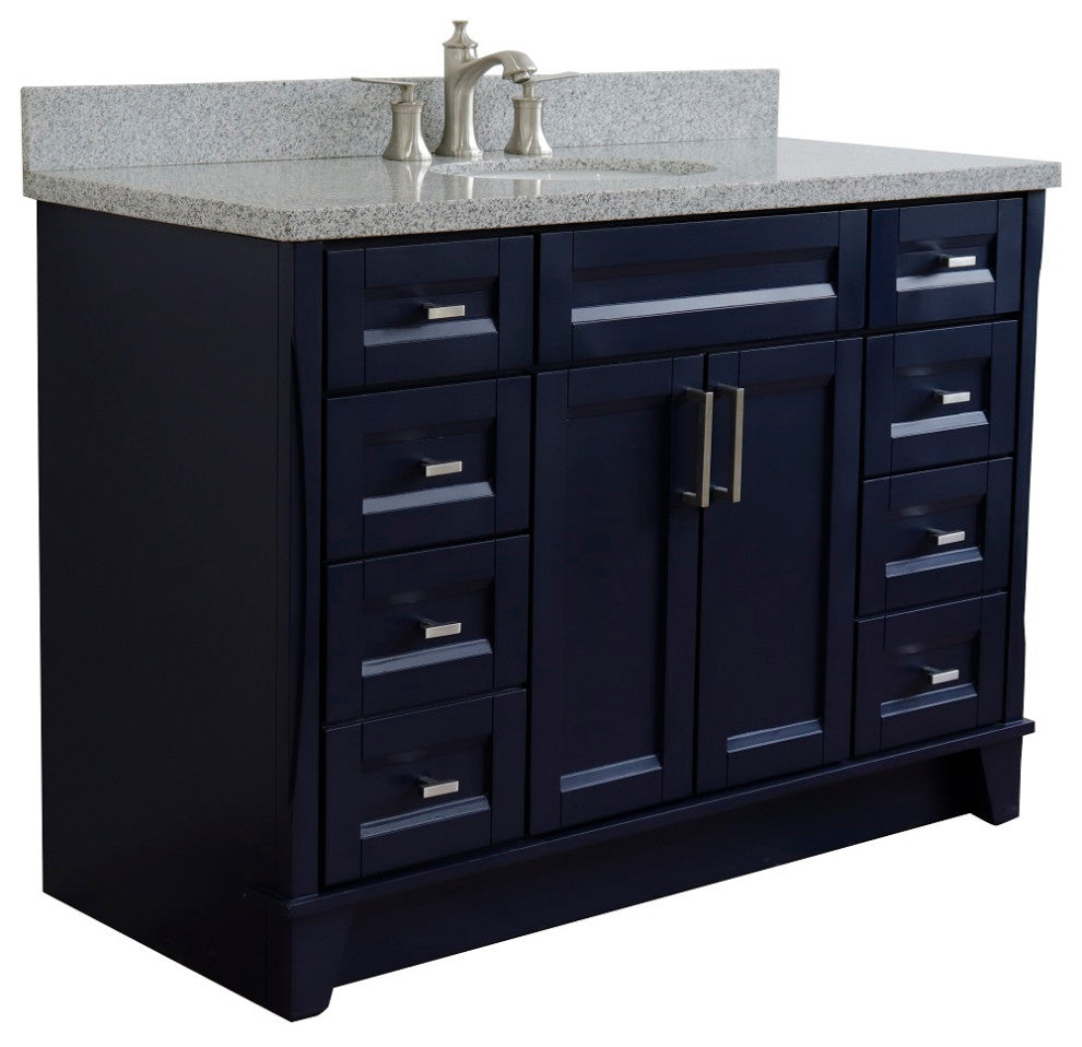 49" Single Sink Vanity, Blue Finish With Gray Granite And Oval Sink