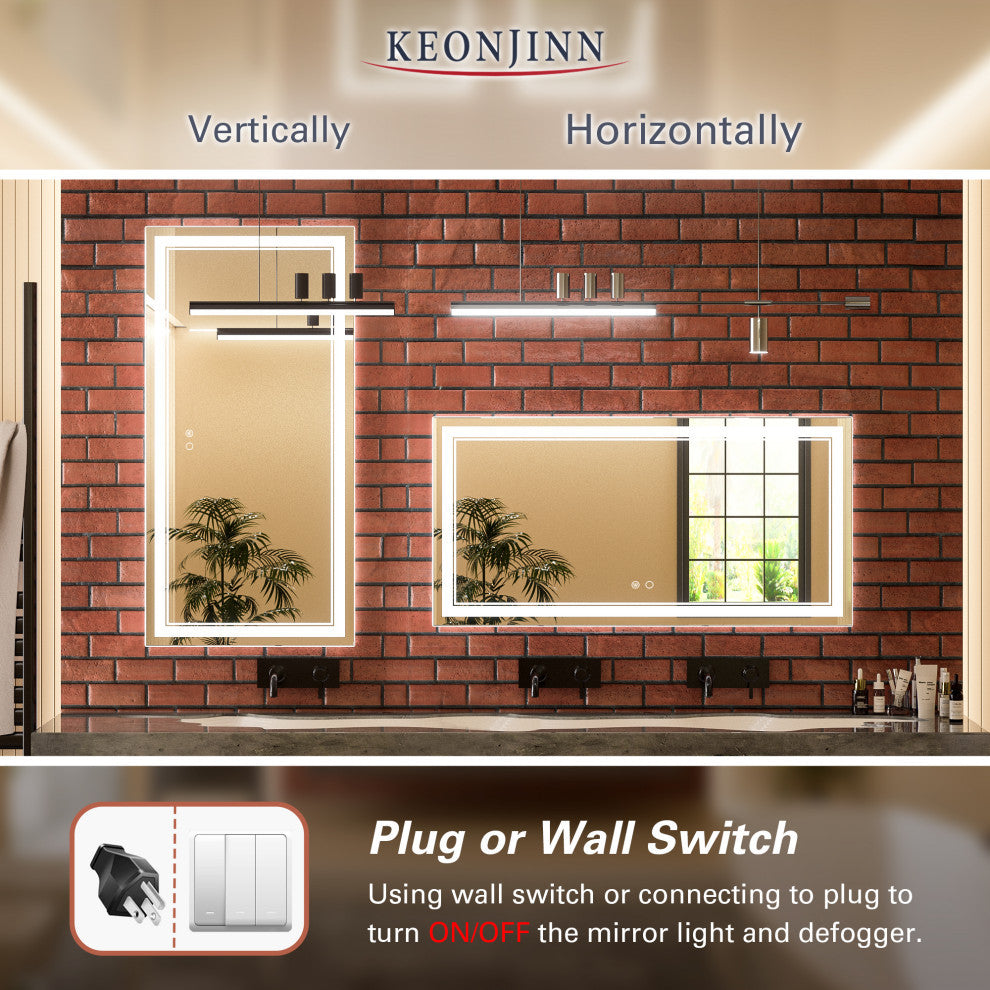 3-Colors LED Bathroom Mirror, Anti-Fog Memory Dimmable, Sliver, 48"x24"