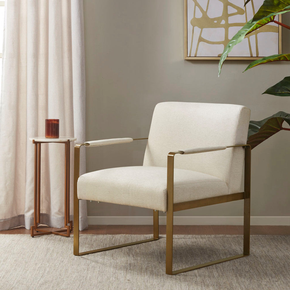 Martha Stewart Jayco Modern Metal Base Lounge Accent Chair, Ivory/Antique Gold