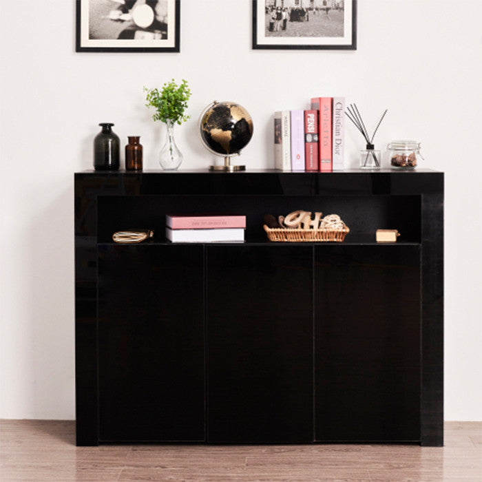 Black High Gloss Sideboard Storage Cabinet modern wood TV stand with 3 doors