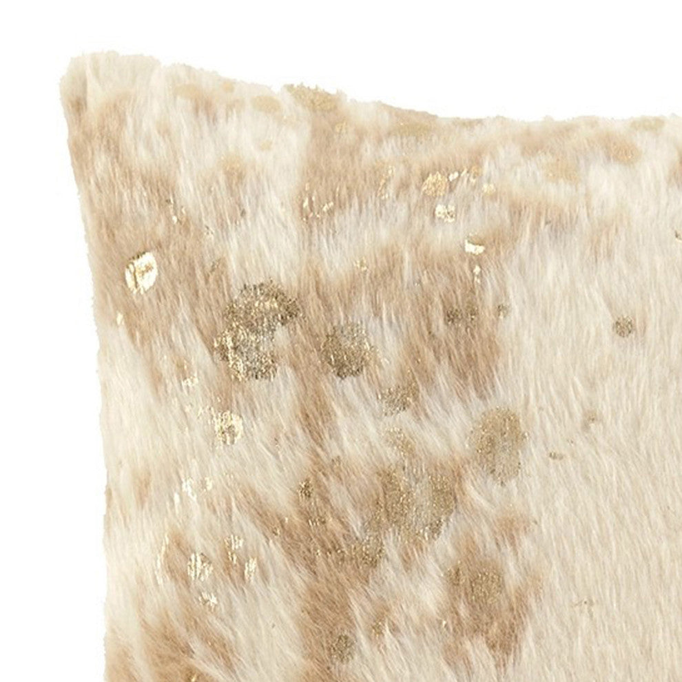 Benzara BM231906 Faux Fur Pillow With Zipper Closure, 4-Piece Set, Cream & Gold