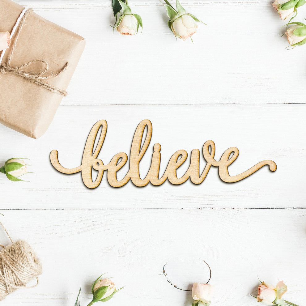 Believe Script Wood Word Wall Art Sign Unfinished, 36"x11"