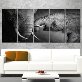 Elephants Showing Affection, Abstract Canvas Art Print, 60"x28", 5 Panels