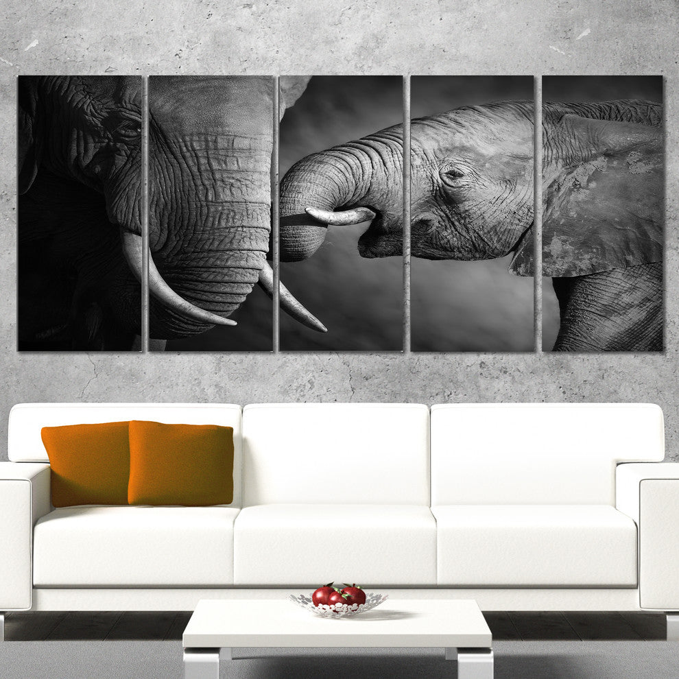 Elephants Showing Affection, Abstract Canvas Art Print, 60"x28", 5 Panels