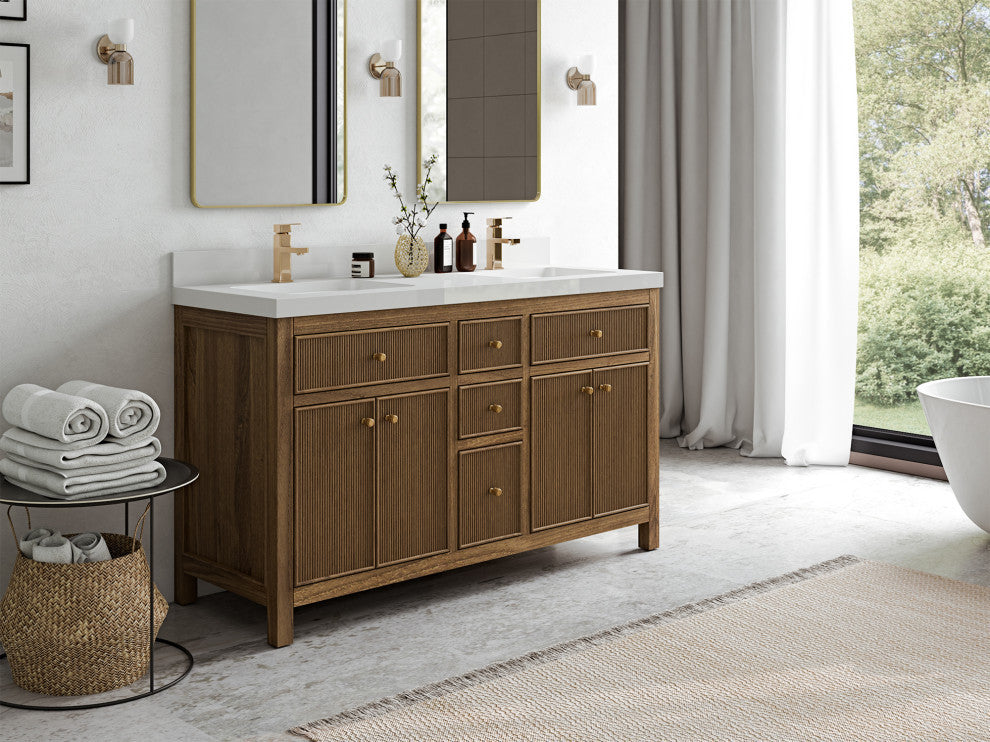 Sonoma Teak 60 Double Bathroom Vanity in Dark Natural with 2" Carrara Marble