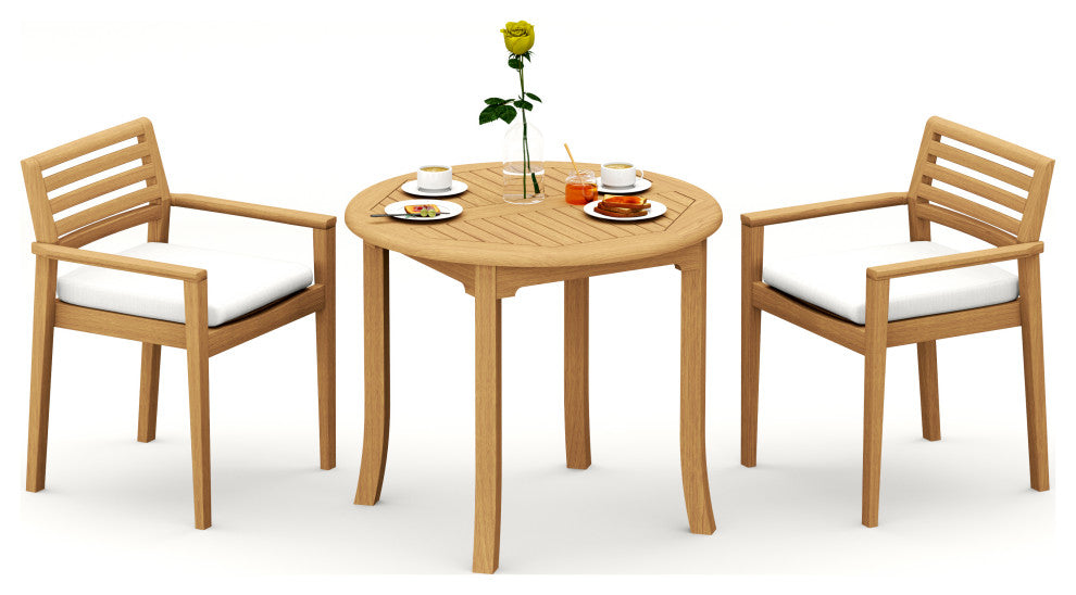 3-Piece Outdoor Teak Dining Set: 36" Round Table, 2 Montana Stacking Arm Chairs