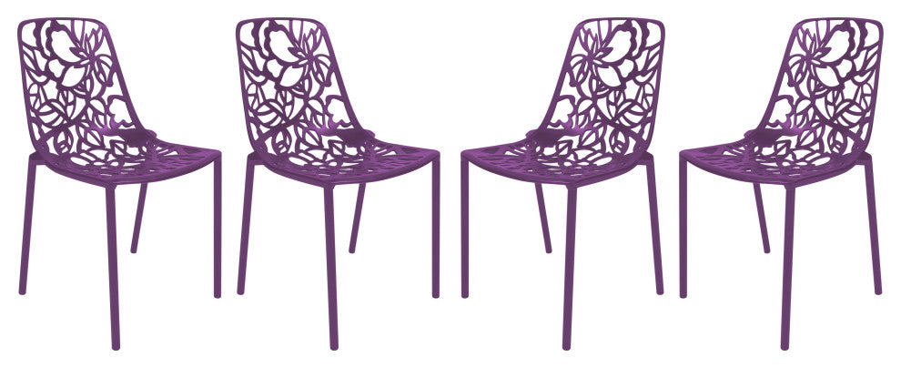 LeisureMod Devon Modern Outdoor Stackable Aluminum Dining Chair, Set of 4, Purple