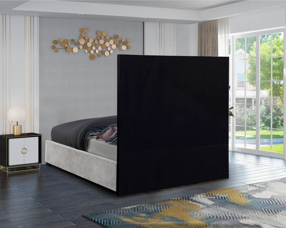 Taj White Velvet Bed With Matte Black Steel Frame and Legs, Queen