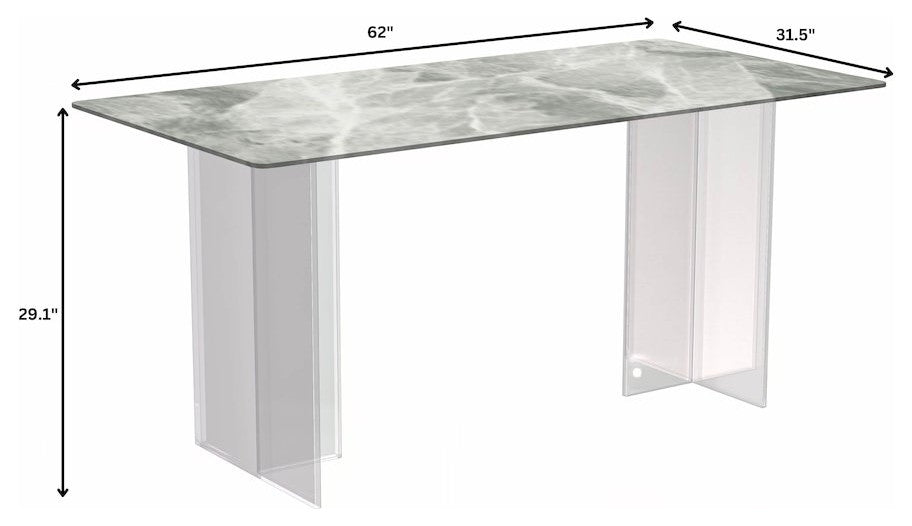 Kova Series Dining Table, Clear Base with 62 Light Grey Sintered Stone Top